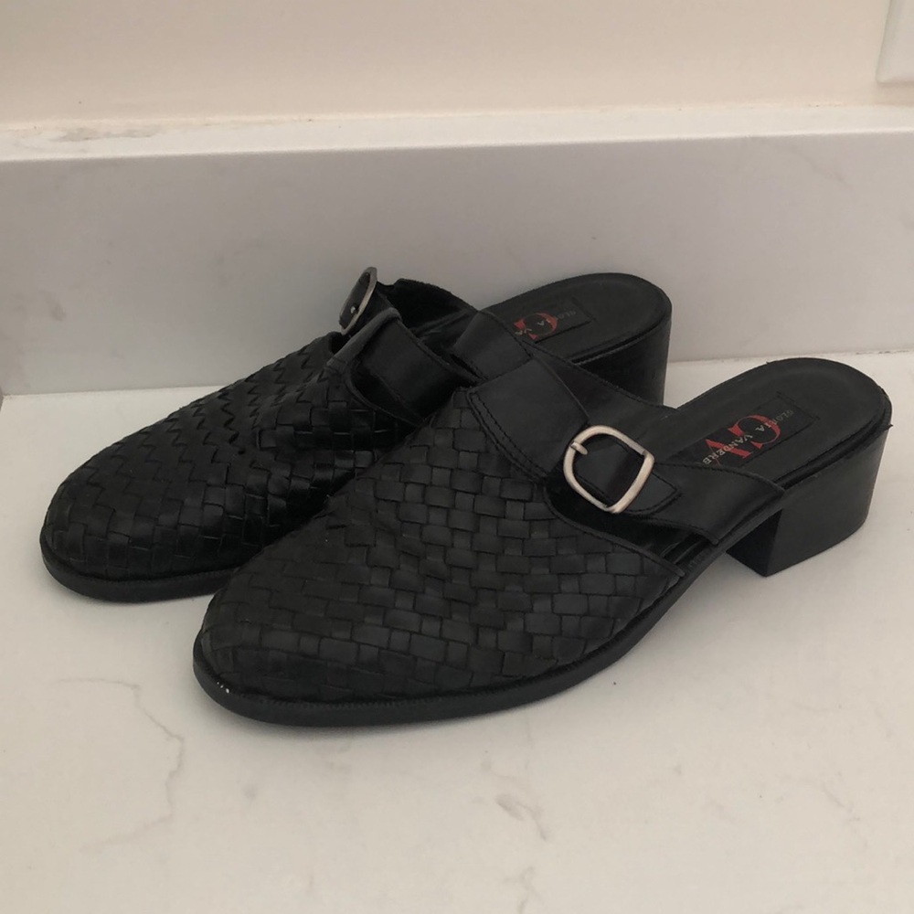 Black Woven Leather Mules